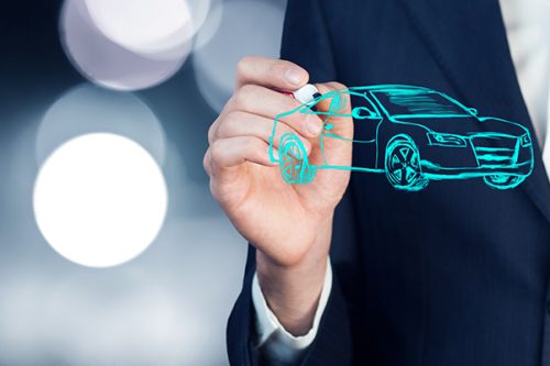 Businessman with protective gesture and icon of car